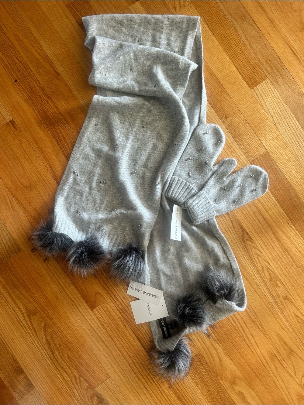Adrienne Landau Gray Cashmere Scarf and Mittens Set with Fur Pom Poms